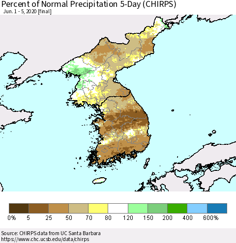 Korea Percent of Normal Precipitation 5-Day (CHIRPS) Thematic Map For 6/1/2020 - 6/5/2020