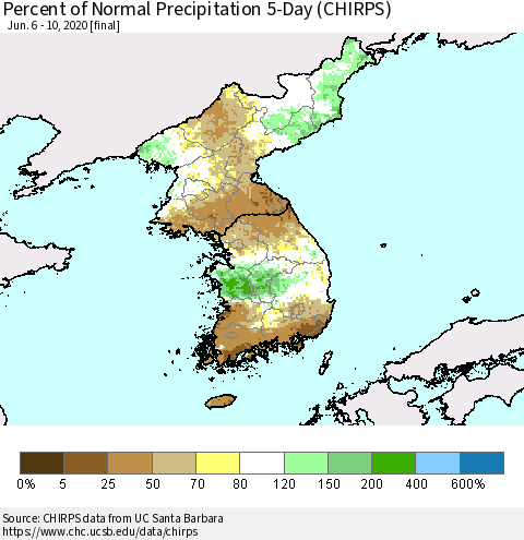 Korea Percent of Normal Precipitation 5-Day (CHIRPS) Thematic Map For 6/6/2020 - 6/10/2020