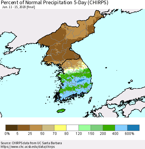 Korea Percent of Normal Precipitation 5-Day (CHIRPS) Thematic Map For 6/11/2020 - 6/15/2020