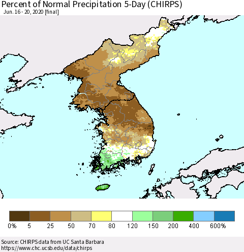 Korea Percent of Normal Precipitation 5-Day (CHIRPS) Thematic Map For 6/16/2020 - 6/20/2020