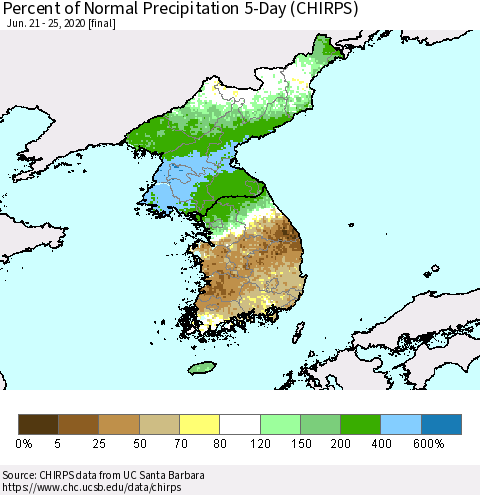Korea Percent of Normal Precipitation 5-Day (CHIRPS) Thematic Map For 6/21/2020 - 6/25/2020