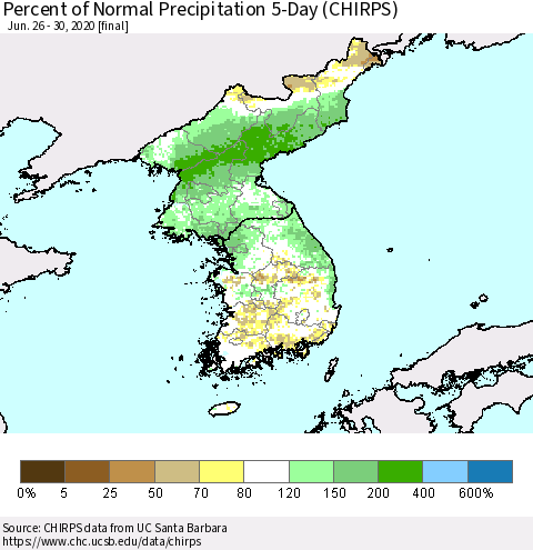 Korea Percent of Normal Precipitation 5-Day (CHIRPS) Thematic Map For 6/26/2020 - 6/30/2020