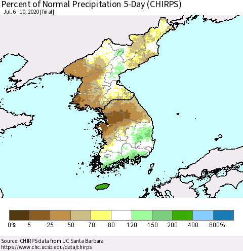 Korea Percent of Normal Precipitation 5-Day (CHIRPS) Thematic Map For 7/6/2020 - 7/10/2020