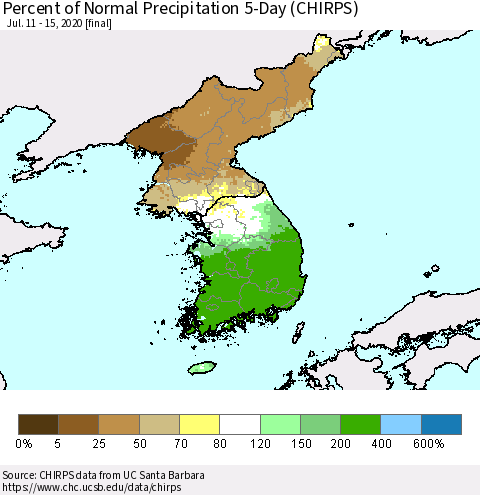 Korea Percent of Normal Precipitation 5-Day (CHIRPS) Thematic Map For 7/11/2020 - 7/15/2020
