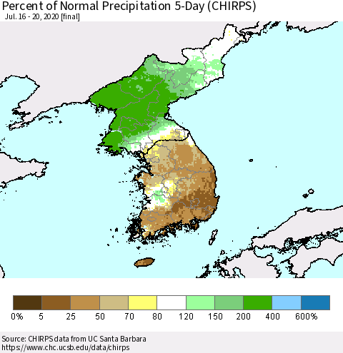 Korea Percent of Normal Precipitation 5-Day (CHIRPS) Thematic Map For 7/16/2020 - 7/20/2020