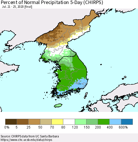 Korea Percent of Normal Precipitation 5-Day (CHIRPS) Thematic Map For 7/21/2020 - 7/25/2020