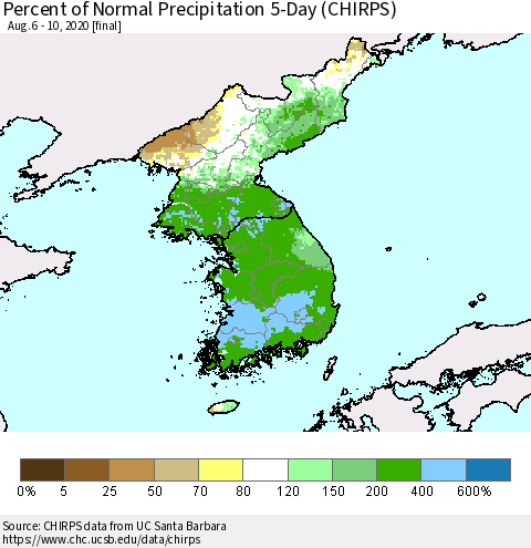 Korea Percent of Normal Precipitation 5-Day (CHIRPS) Thematic Map For 8/6/2020 - 8/10/2020