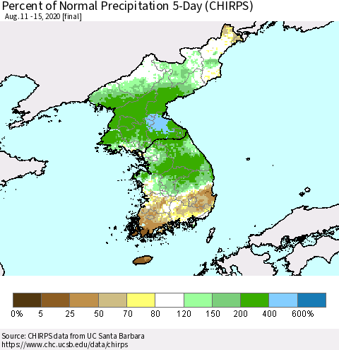 Korea Percent of Normal Precipitation 5-Day (CHIRPS) Thematic Map For 8/11/2020 - 8/15/2020