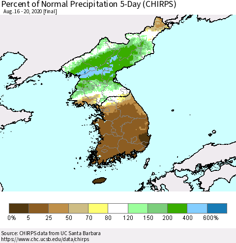 Korea Percent of Normal Precipitation 5-Day (CHIRPS) Thematic Map For 8/16/2020 - 8/20/2020