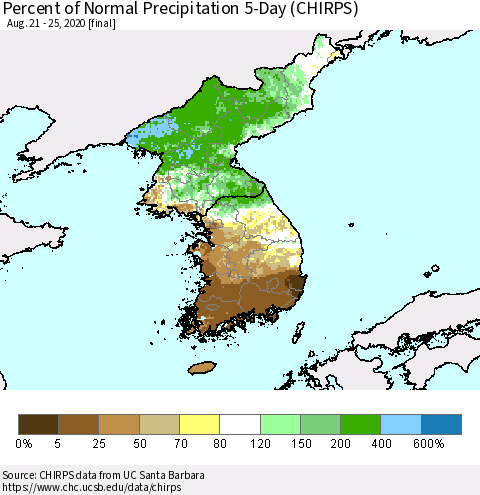 Korea Percent of Normal Precipitation 5-Day (CHIRPS) Thematic Map For 8/21/2020 - 8/25/2020