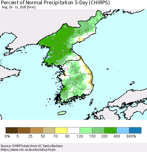 Korea Percent of Normal Precipitation 5-Day (CHIRPS) Thematic Map For 8/26/2020 - 8/31/2020