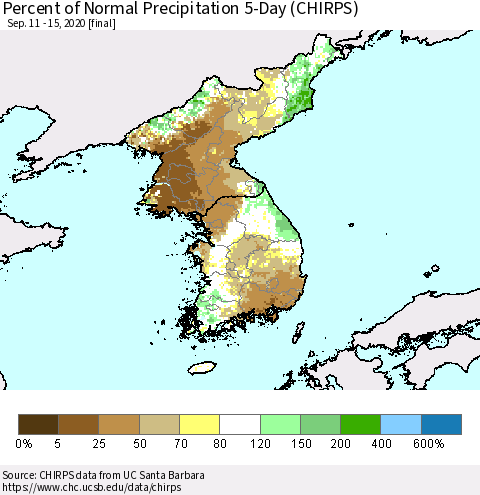 Korea Percent of Normal Precipitation 5-Day (CHIRPS) Thematic Map For 9/11/2020 - 9/15/2020