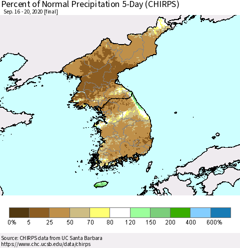 Korea Percent of Normal Precipitation 5-Day (CHIRPS) Thematic Map For 9/16/2020 - 9/20/2020