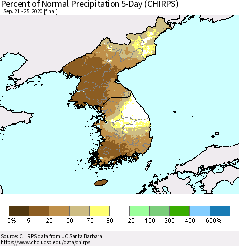 Korea Percent of Normal Precipitation 5-Day (CHIRPS) Thematic Map For 9/21/2020 - 9/25/2020