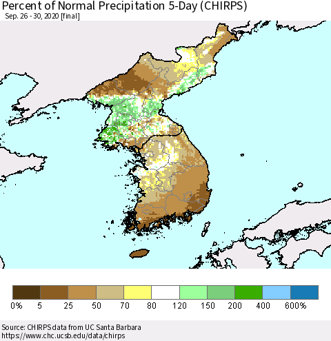 Korea Percent of Normal Precipitation 5-Day (CHIRPS) Thematic Map For 9/26/2020 - 9/30/2020