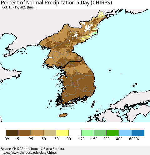 Korea Percent of Normal Precipitation 5-Day (CHIRPS) Thematic Map For 10/11/2020 - 10/15/2020