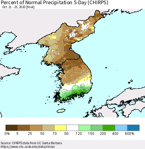 Korea Percent of Normal Precipitation 5-Day (CHIRPS) Thematic Map For 10/21/2020 - 10/25/2020