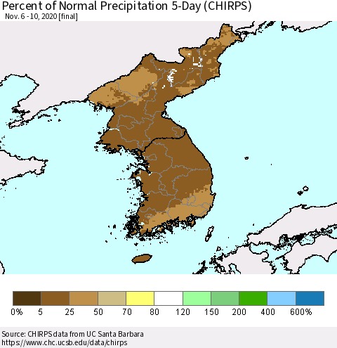 Korea Percent of Normal Precipitation 5-Day (CHIRPS) Thematic Map For 11/6/2020 - 11/10/2020