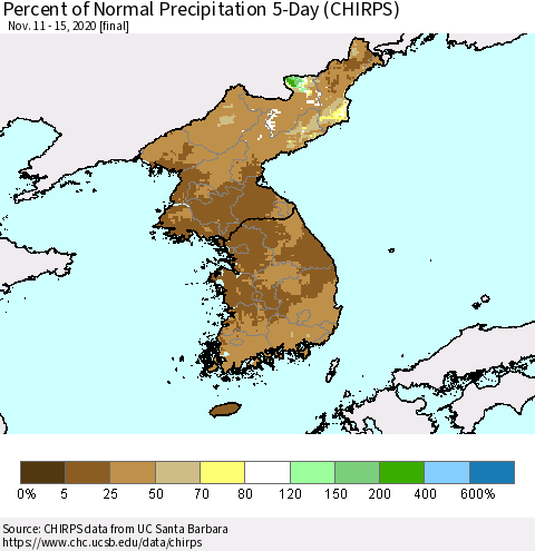 Korea Percent of Normal Precipitation 5-Day (CHIRPS) Thematic Map For 11/11/2020 - 11/15/2020