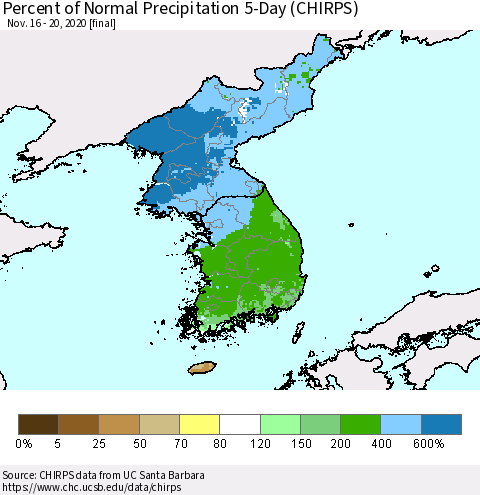 Korea Percent of Normal Precipitation 5-Day (CHIRPS) Thematic Map For 11/16/2020 - 11/20/2020