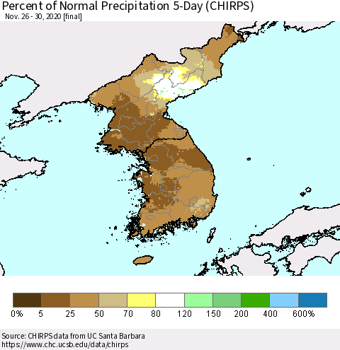 Korea Percent of Normal Precipitation 5-Day (CHIRPS) Thematic Map For 11/26/2020 - 11/30/2020