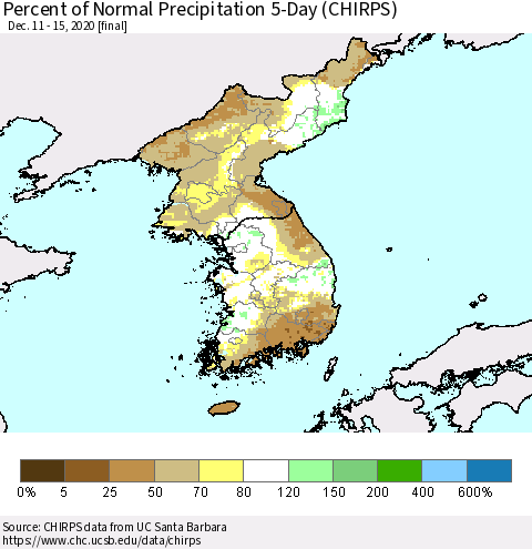 Korea Percent of Normal Precipitation 5-Day (CHIRPS) Thematic Map For 12/11/2020 - 12/15/2020