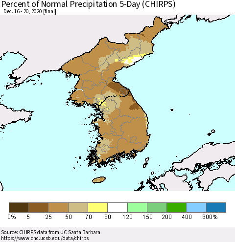 Korea Percent of Normal Precipitation 5-Day (CHIRPS) Thematic Map For 12/16/2020 - 12/20/2020