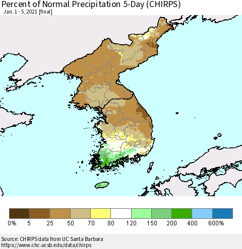 Korea Percent of Normal Precipitation 5-Day (CHIRPS) Thematic Map For 1/1/2021 - 1/5/2021