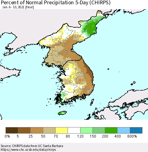 Korea Percent of Normal Precipitation 5-Day (CHIRPS) Thematic Map For 1/6/2021 - 1/10/2021