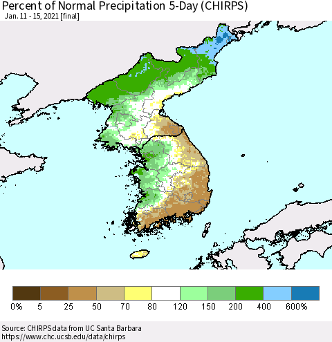 Korea Percent of Normal Precipitation 5-Day (CHIRPS) Thematic Map For 1/11/2021 - 1/15/2021