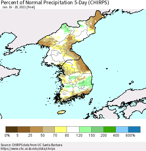 Korea Percent of Normal Precipitation 5-Day (CHIRPS) Thematic Map For 1/16/2021 - 1/20/2021