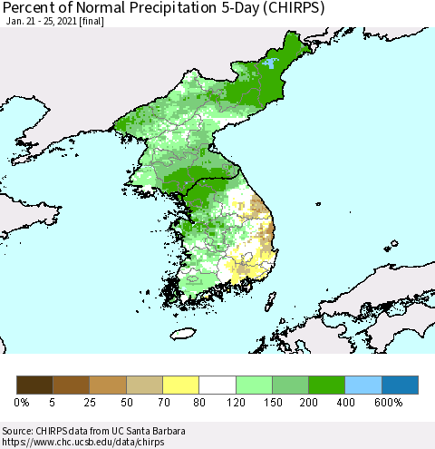 Korea Percent of Normal Precipitation 5-Day (CHIRPS) Thematic Map For 1/21/2021 - 1/25/2021