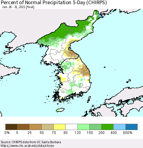 Korea Percent of Normal Precipitation 5-Day (CHIRPS) Thematic Map For 1/26/2021 - 1/31/2021