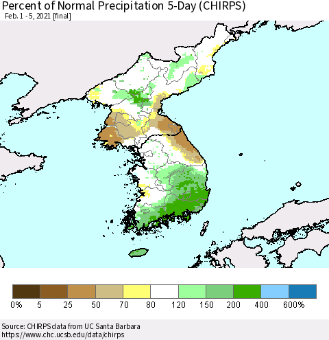 Korea Percent of Normal Precipitation 5-Day (CHIRPS) Thematic Map For 2/1/2021 - 2/5/2021