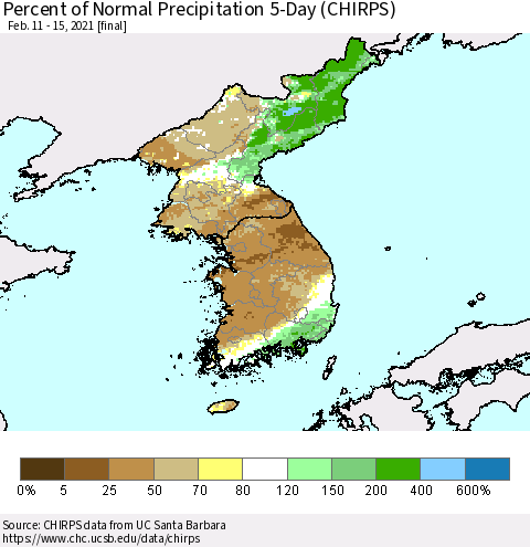 Korea Percent of Normal Precipitation 5-Day (CHIRPS) Thematic Map For 2/11/2021 - 2/15/2021