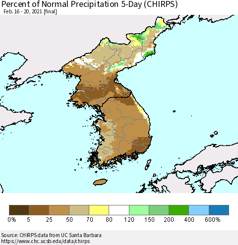 Korea Percent of Normal Precipitation 5-Day (CHIRPS) Thematic Map For 2/16/2021 - 2/20/2021