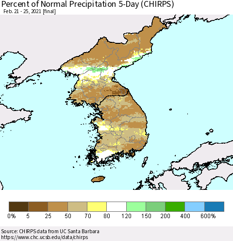 Korea Percent of Normal Precipitation 5-Day (CHIRPS) Thematic Map For 2/21/2021 - 2/25/2021