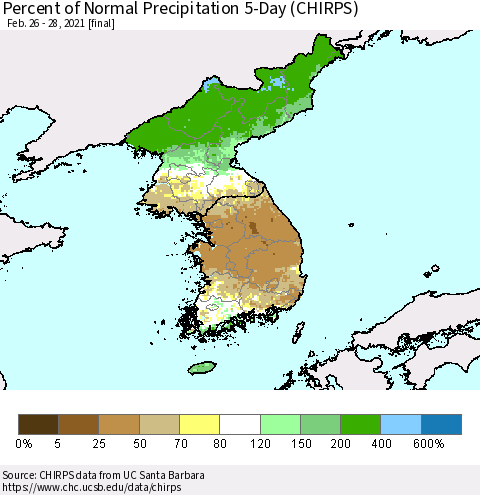 Korea Percent of Normal Precipitation 5-Day (CHIRPS) Thematic Map For 2/26/2021 - 2/28/2021