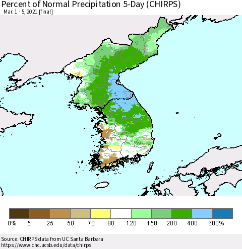Korea Percent of Normal Precipitation 5-Day (CHIRPS) Thematic Map For 3/1/2021 - 3/5/2021