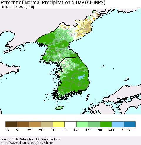 Korea Percent of Normal Precipitation 5-Day (CHIRPS) Thematic Map For 3/11/2021 - 3/15/2021