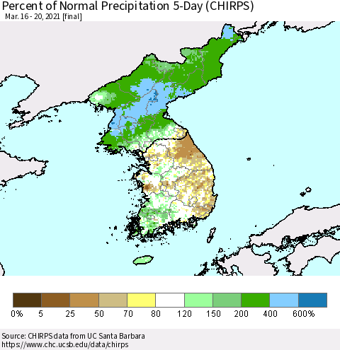 Korea Percent of Normal Precipitation 5-Day (CHIRPS) Thematic Map For 3/16/2021 - 3/20/2021
