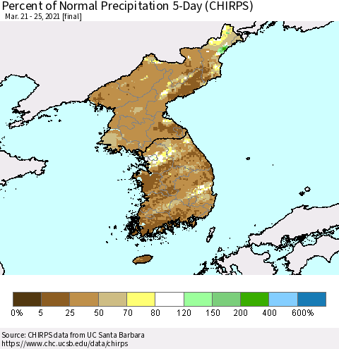 Korea Percent of Normal Precipitation 5-Day (CHIRPS) Thematic Map For 3/21/2021 - 3/25/2021