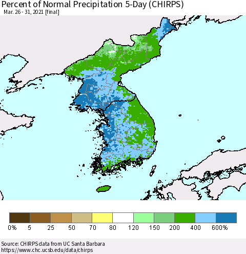 Korea Percent of Normal Precipitation 5-Day (CHIRPS) Thematic Map For 3/26/2021 - 3/31/2021