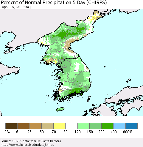 Korea Percent of Normal Precipitation 5-Day (CHIRPS) Thematic Map For 4/1/2021 - 4/5/2021