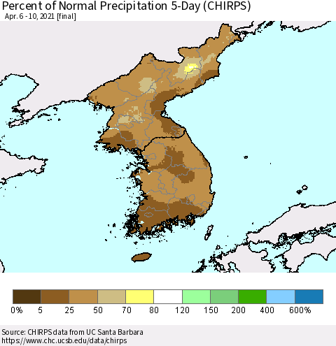 Korea Percent of Normal Precipitation 5-Day (CHIRPS) Thematic Map For 4/6/2021 - 4/10/2021
