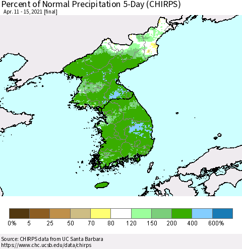 Korea Percent of Normal Precipitation 5-Day (CHIRPS) Thematic Map For 4/11/2021 - 4/15/2021