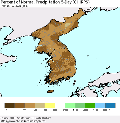 Korea Percent of Normal Precipitation 5-Day (CHIRPS) Thematic Map For 4/16/2021 - 4/20/2021
