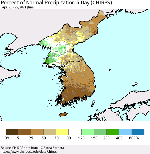 Korea Percent of Normal Precipitation 5-Day (CHIRPS) Thematic Map For 4/21/2021 - 4/25/2021