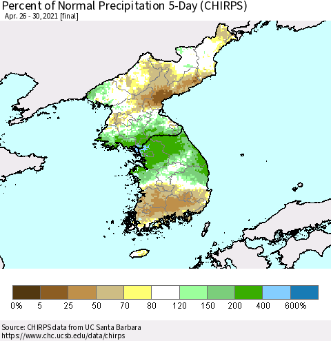 Korea Percent of Normal Precipitation 5-Day (CHIRPS) Thematic Map For 4/26/2021 - 4/30/2021