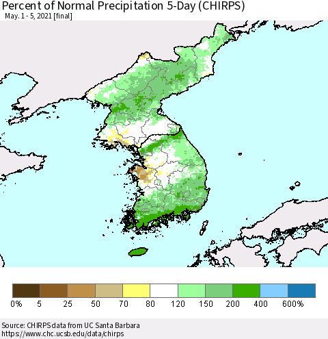 Korea Percent of Normal Precipitation 5-Day (CHIRPS) Thematic Map For 5/1/2021 - 5/5/2021